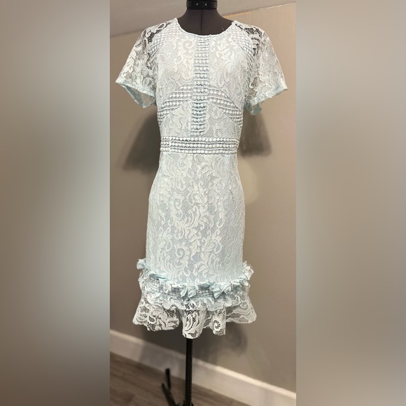 Dusty Blue Frill Hem Lace Bodycon Dress - Picture 7 of 7